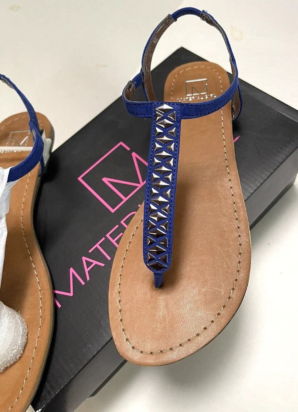 Material Girl Sandals Sz 8.5 M Cobalt Blue Split Toe Silver Accents New Shoes